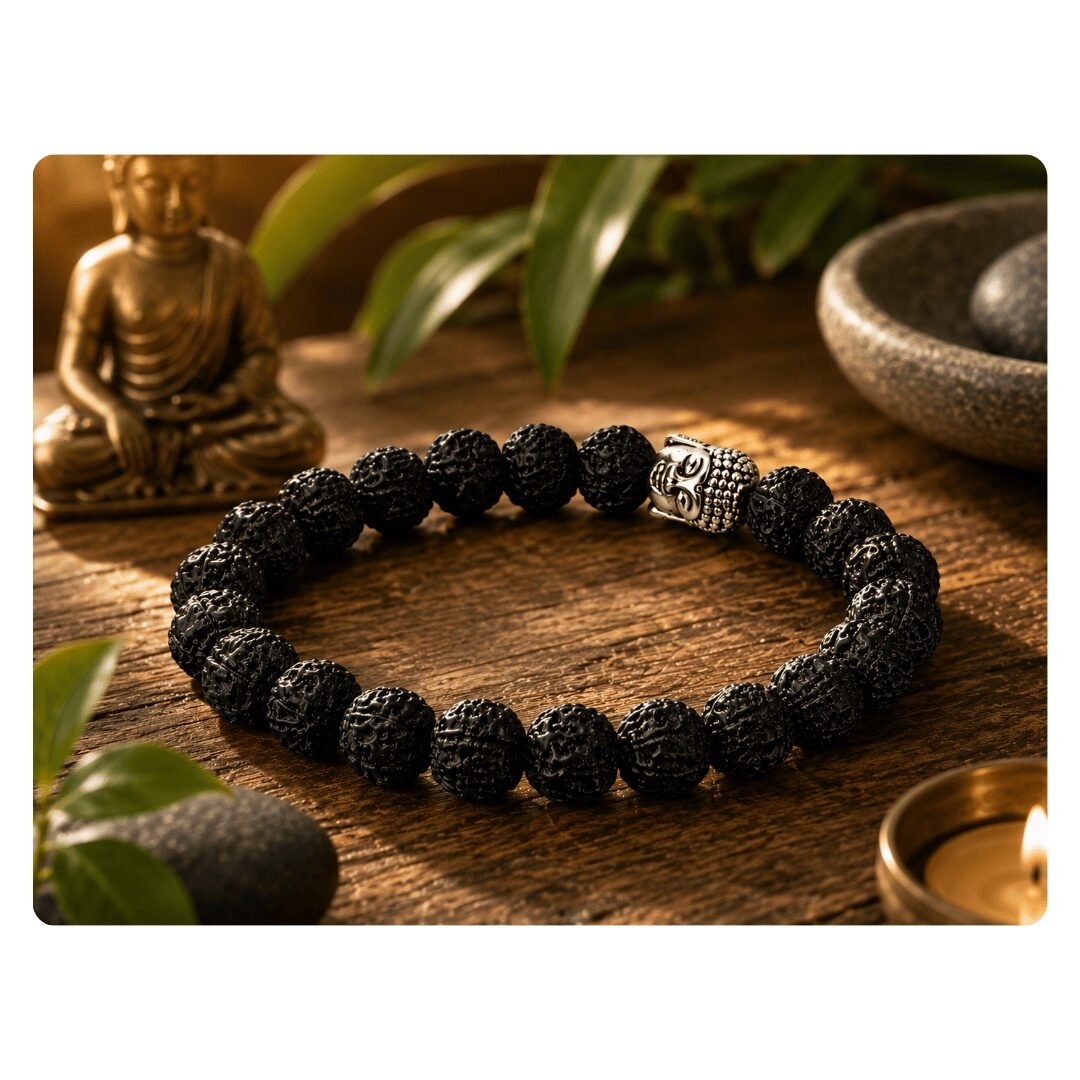 Black Rudraksha Bracelet with Silver Buddha Head Charm for Men & Women