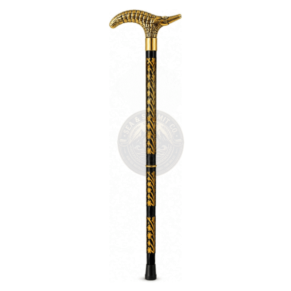 Crocodile Head Brass Walking Cane – 36 Inch Black Gold Floral Wooden Walking Stick, Vintage Collectible Cane - Product Image 6