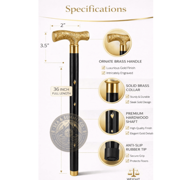 Engraved Brass T Handle Walking Cane – 36 Inch Handmade Wooden Walking Stick - Product Image 6