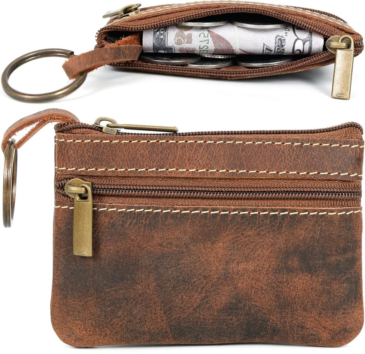 Genuine Leather Coin Purse for Men – Dual Zipper Wallet
