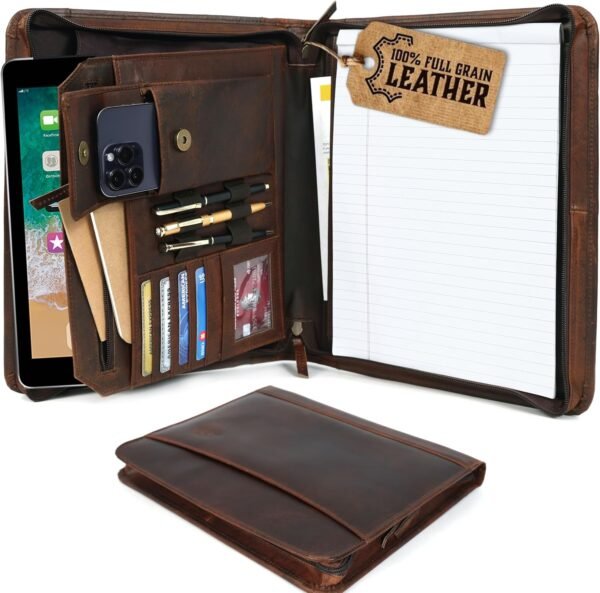 Genuine Leather Portfolio Organizer with Zipper for A4