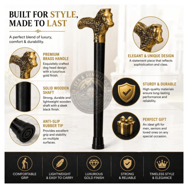 Lion Head Brass Walking Cane – 36 Inch Handmade Wooden Walking Stick