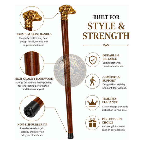Golden Dog Head Brass Walking Cane – 36 Inch Handmade Wooden Walking Stick