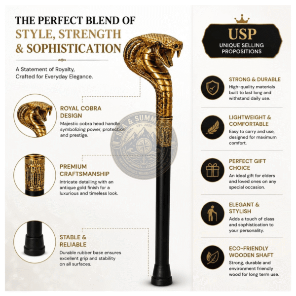 Cobra Head Brass Walking Cane – 36 Inch Handmade Wooden Walking Stick - Product Image 6