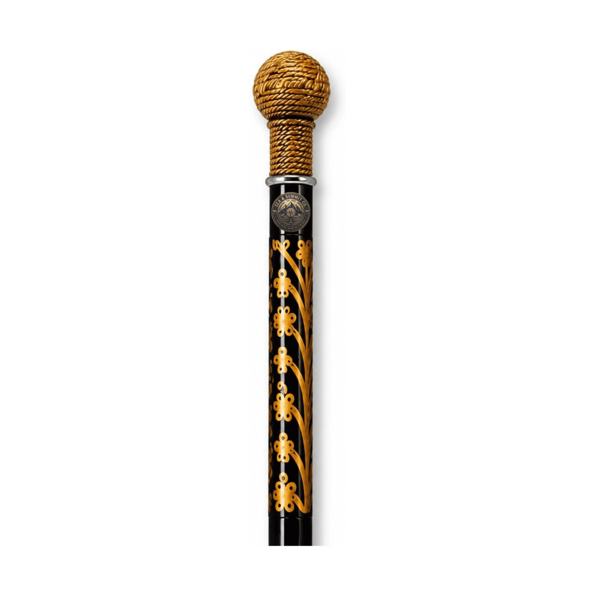 Rope Handle Walking Cane – Gold Tone Knob with Black Floral Shaft, Vintage Decorative Walking Stick