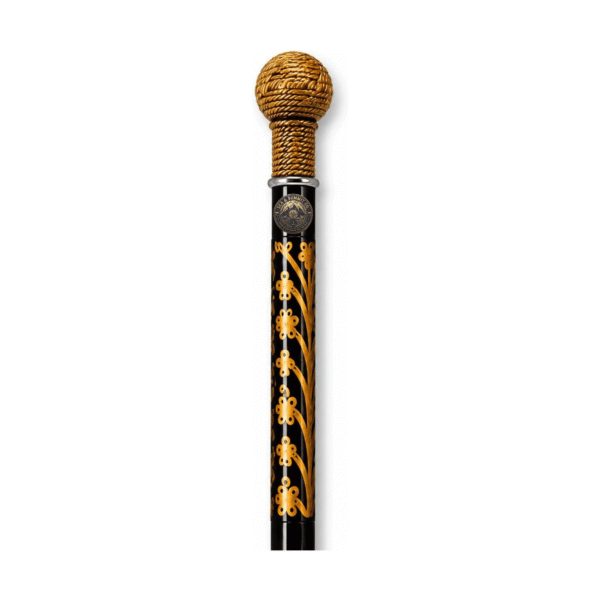 Rope Handle Walking Cane – Gold Tone Knob with Black Floral Shaft, Vintage Decorative Walking Stick - Product Image 5