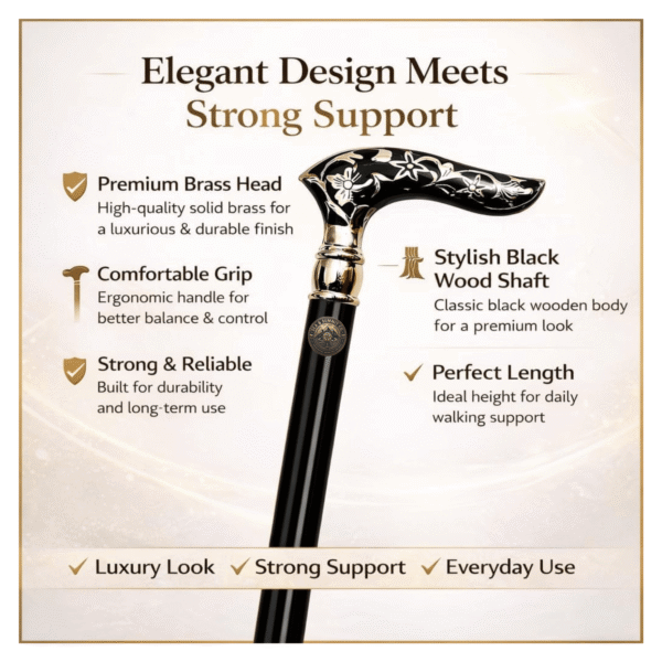 Floral Engraved Brass Derby Walking Cane – 36 Inch Handmade Wooden Walking Stick