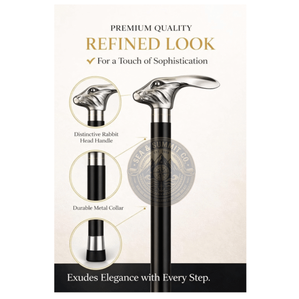 Silver Rabbit Head Walking Cane – 36 Inch Premium Wooden Walking Stick with Polished Metal Handle