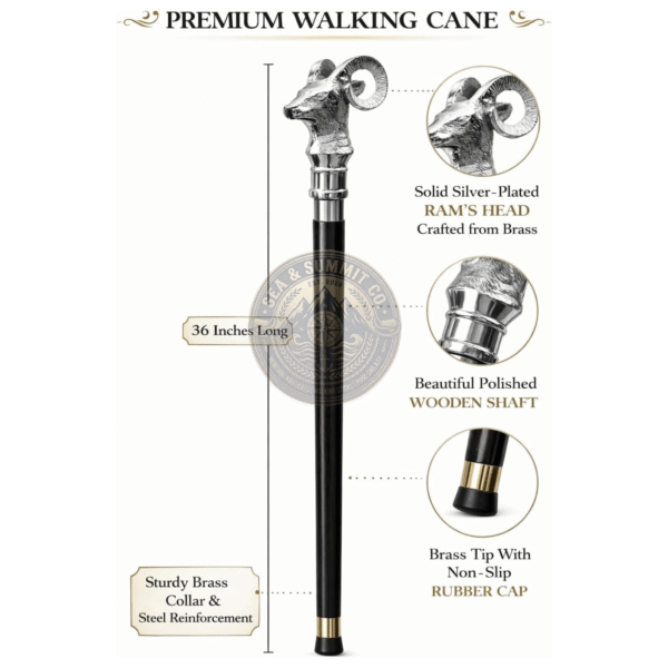 Silver Ram Head Walking Cane – 36 Inch Premium Wooden Walking Stick with Polished Metal Handle