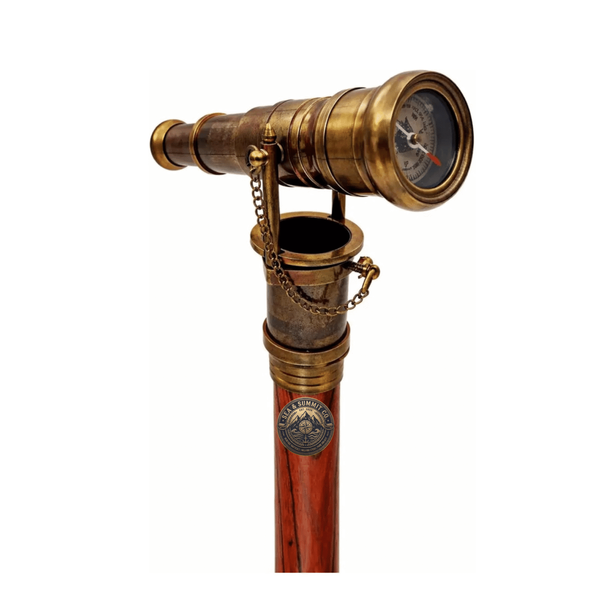 Steampunk Telescope Walking Cane with Compass & Hidden Compartment – 38 Inch Solid Wood Brass Handle Walking Stick