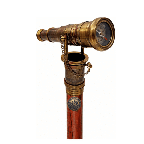 Steampunk Telescope Walking Cane with Compass & Hidden Compartment – 38 Inch Solid Wood Brass Handle Walking Stick - Product Image 4