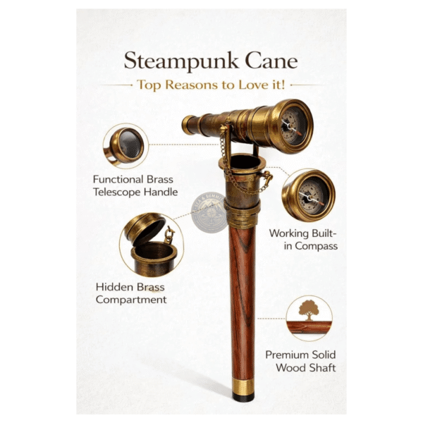 Steampunk Telescope Walking Cane with Compass & Hidden Compartment – 38 Inch Solid Wood Brass Handle Walking Stick