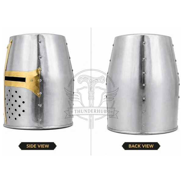 Medieval Crusader Great Helm Steel Knight Helmet with Brass Cross