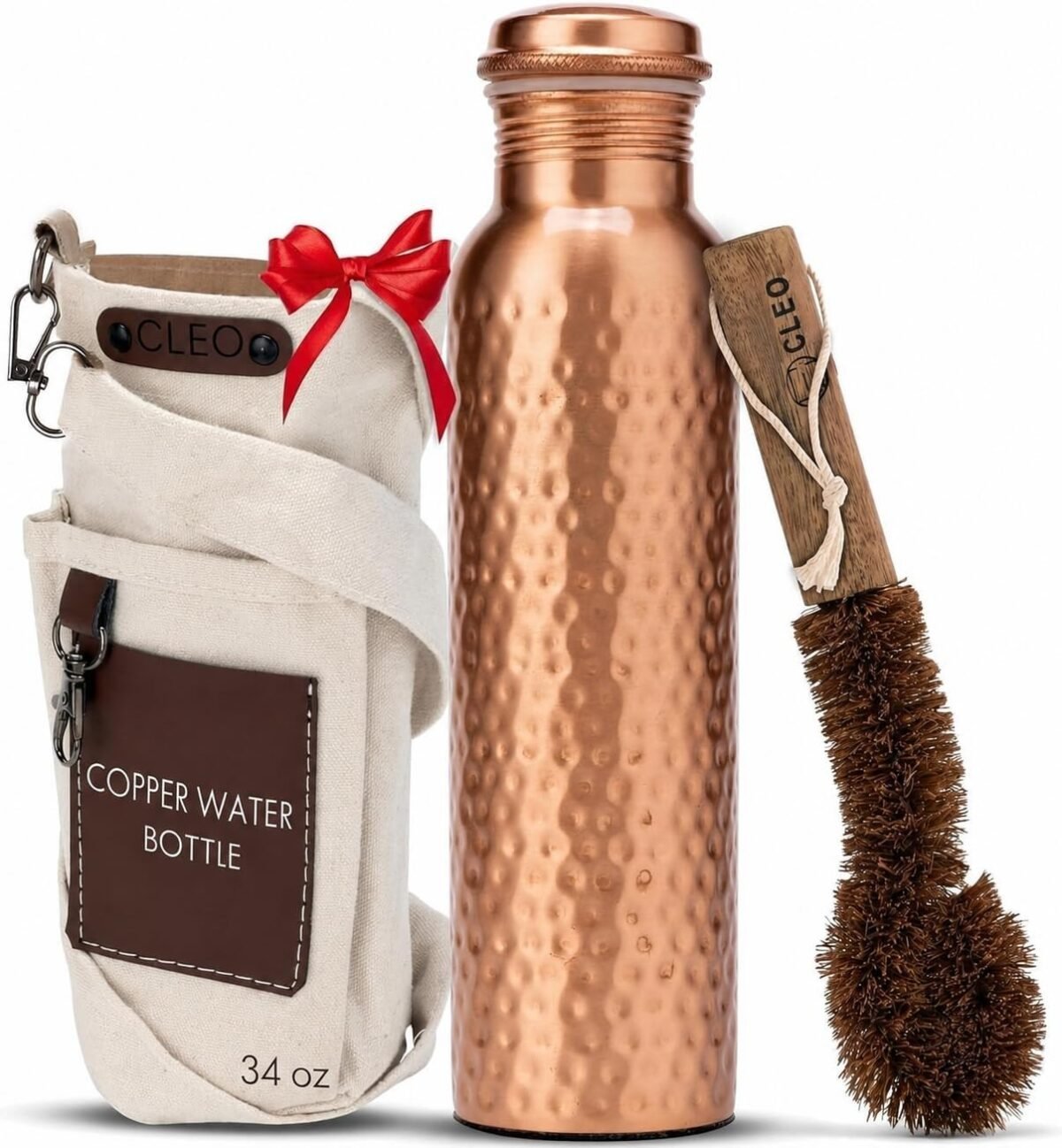 Hammered Pure Copper Water Bottle 34 oz with Bag & Cleaning Brush Set