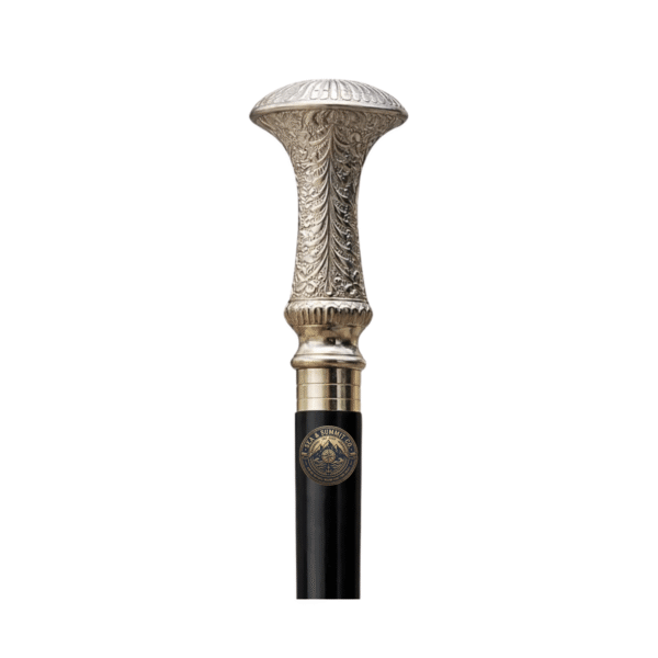 Ornate Silver Engraved Handle Walking Cane 37 Inch Decorative Black Wooden Walking Stick