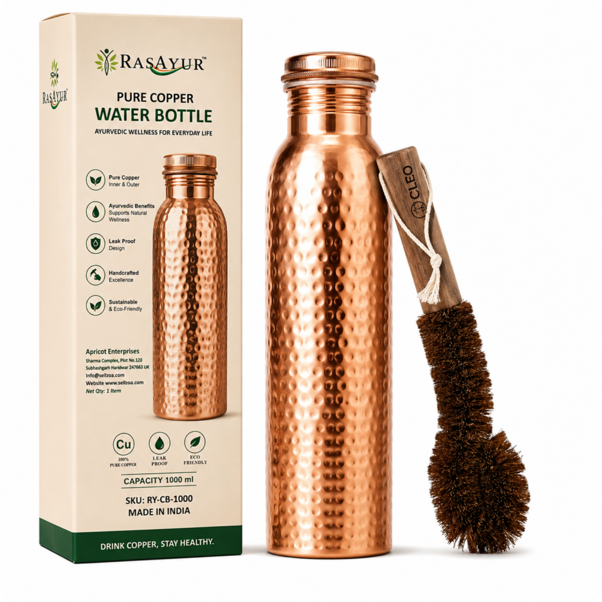 Hammered Pure Copper Water Bottle 34 oz with Bag & Cleaning Brush Set